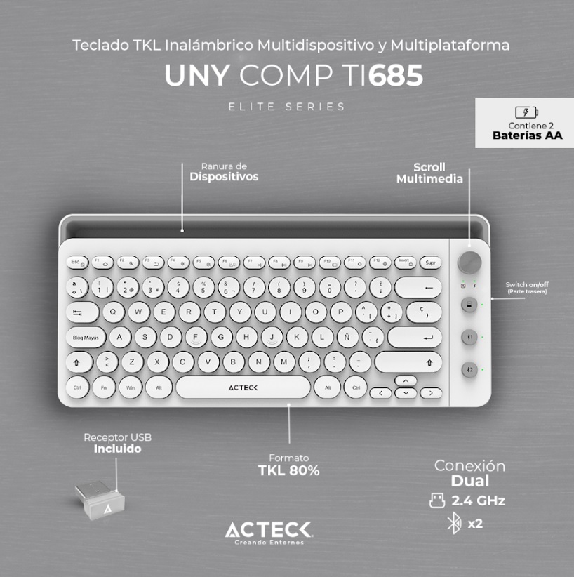 TECLADO ACTECK UNY COMP TI685 2.4GHZ 3 MODOS BT BLANCO (AC-934190)