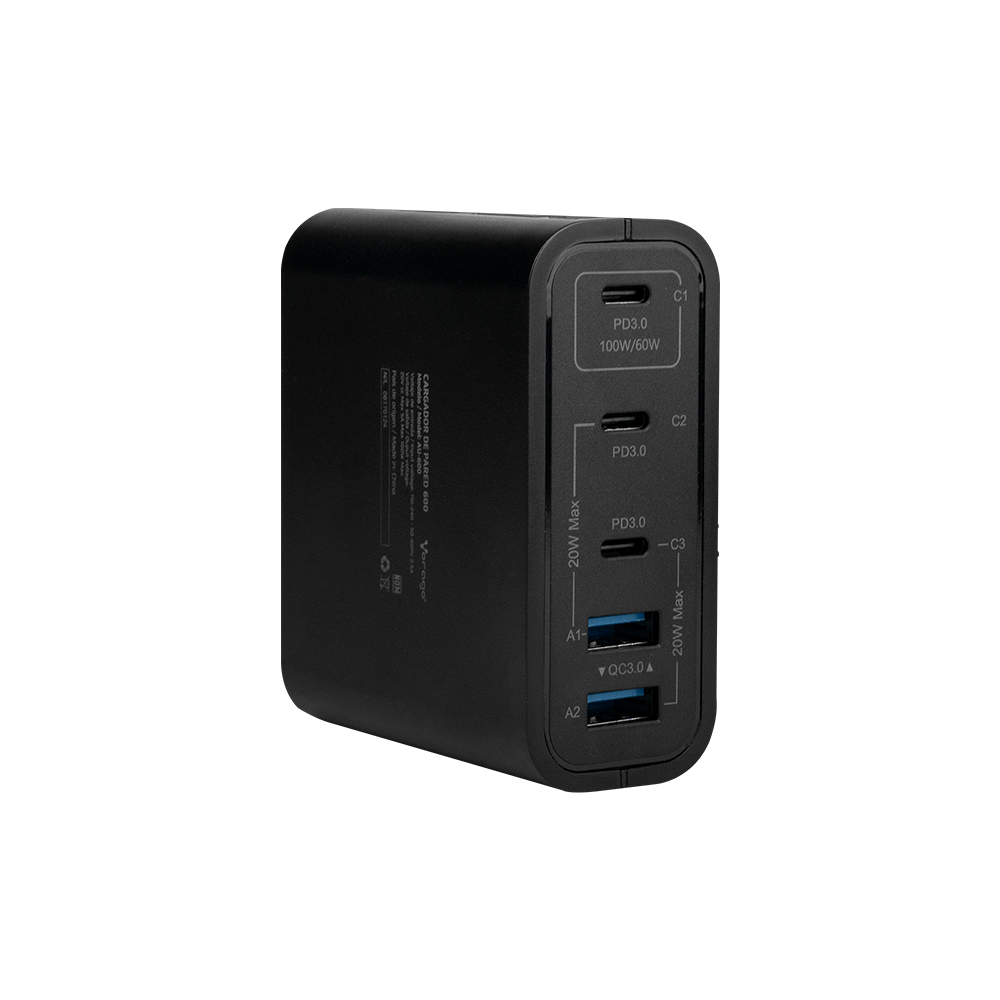 CARGADOR DE PARED VORAGO TIPO C/100W/5 PTOS/QUICK CHARGE 3.0 NEGRO (AU-600)