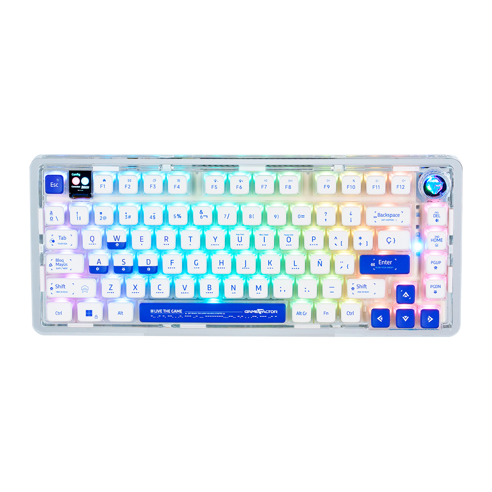 TECLADO GASKET MECÁNICO GAME FACTOR 75%, LCD, BT, 2.4G, USB-C TECLAS PUDDING (KBG800)