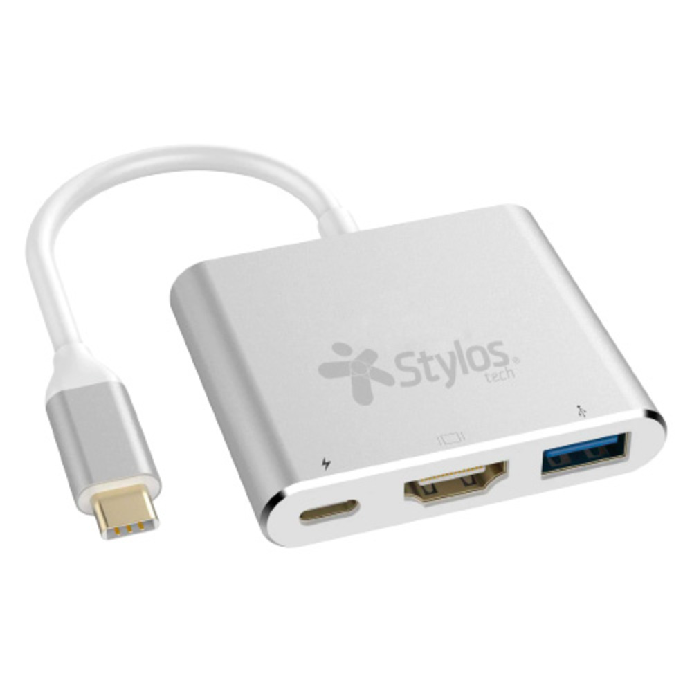 HUB MULTIPUERTO STYLOS 3 EN 1 HDMI 4K, USB 3.0, USB C, GRIS STCBHUB31S