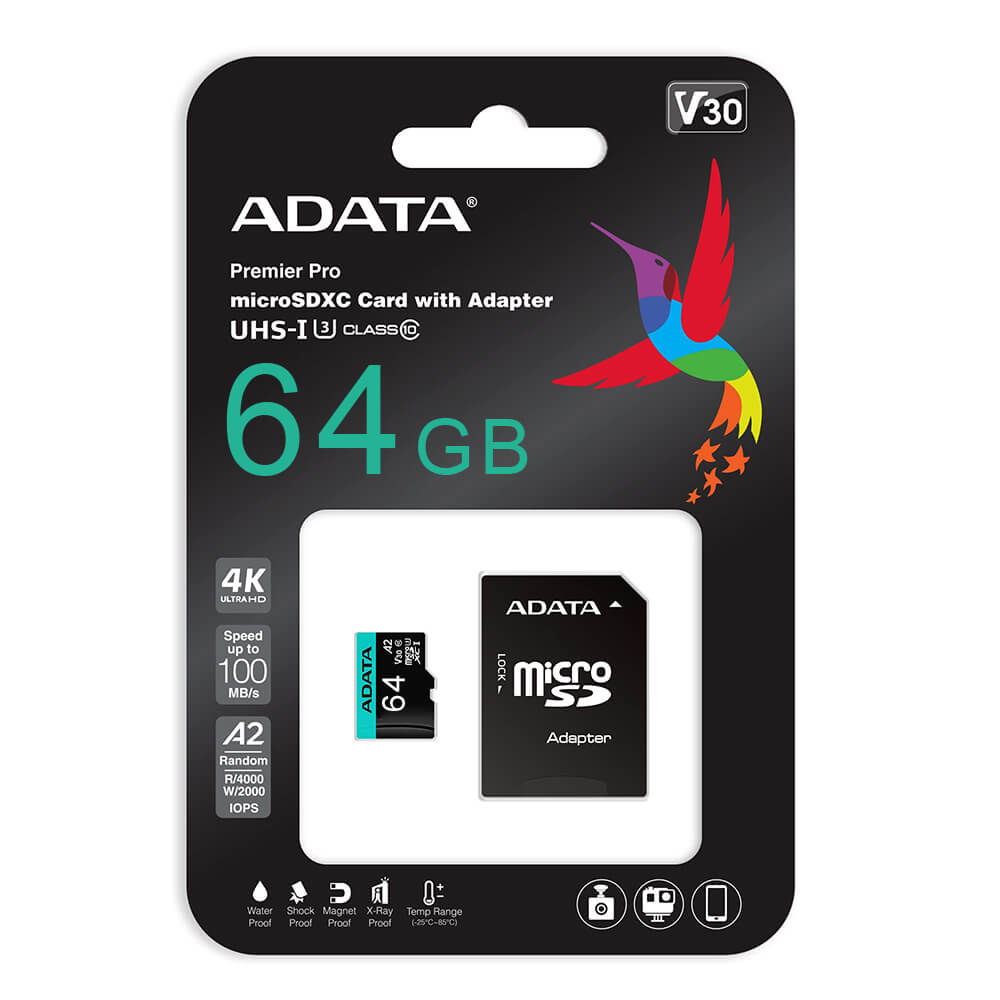 MEM MICRO SDXC ADATA 64GB UHS-I U3 V30S A2 C/A AUSDX64GUI3V30SA2-RA1