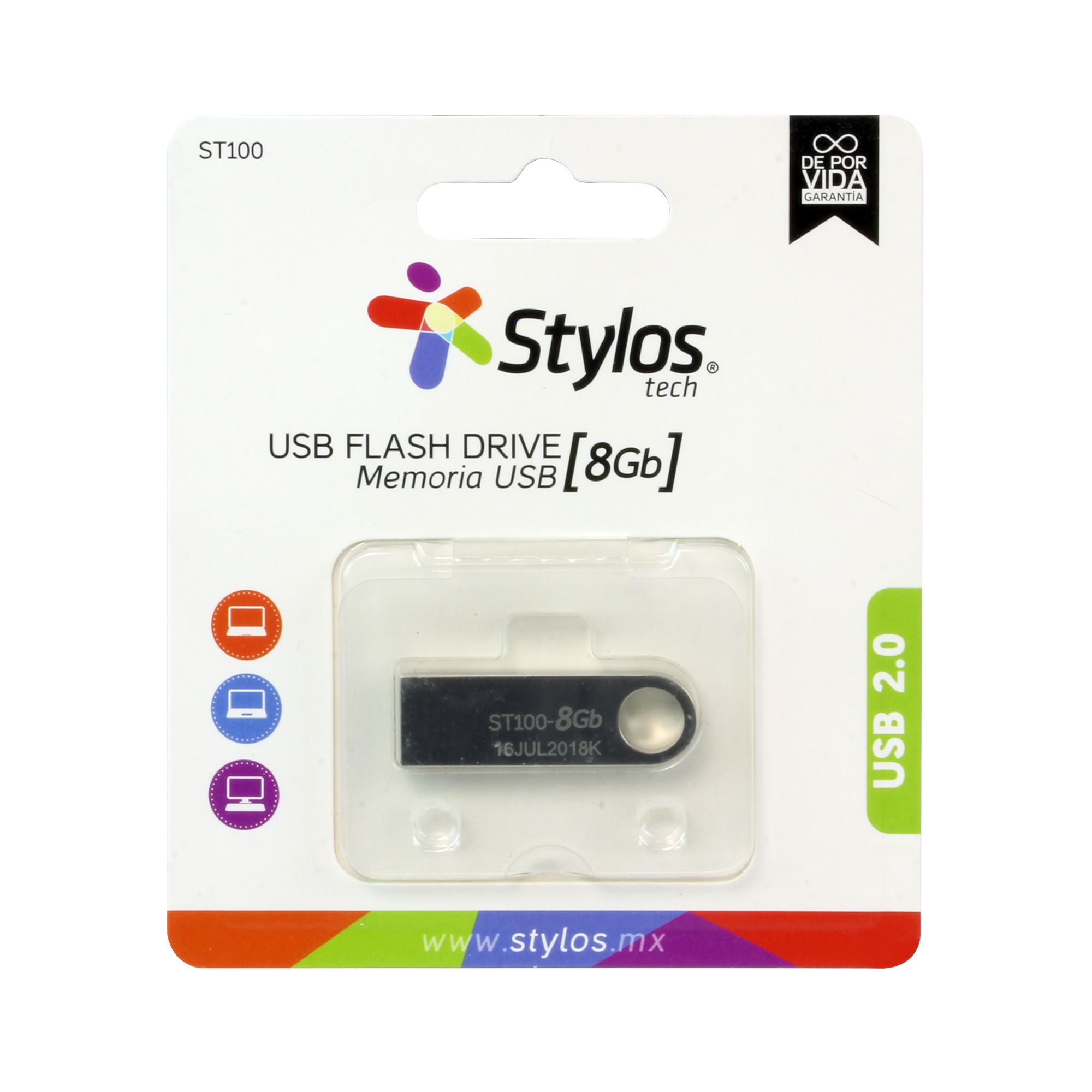 MEMORIA USB STYLOS 8 GB ST100 FLASH 2.0 PLATA STMUSB1B