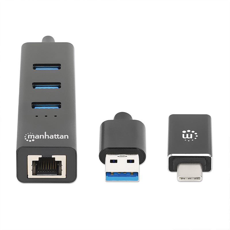 ADAPTADOR RED GB USB A/C +HUB 3 PTOS V3.0 MANHATTAN 180894