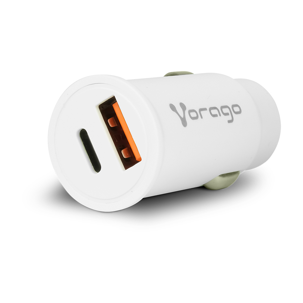 CARGADOR PARA AUTO VORAGO 1XUSB-C 20W 1XUSB A QCH 3.0 BLANCO AU-305-WH