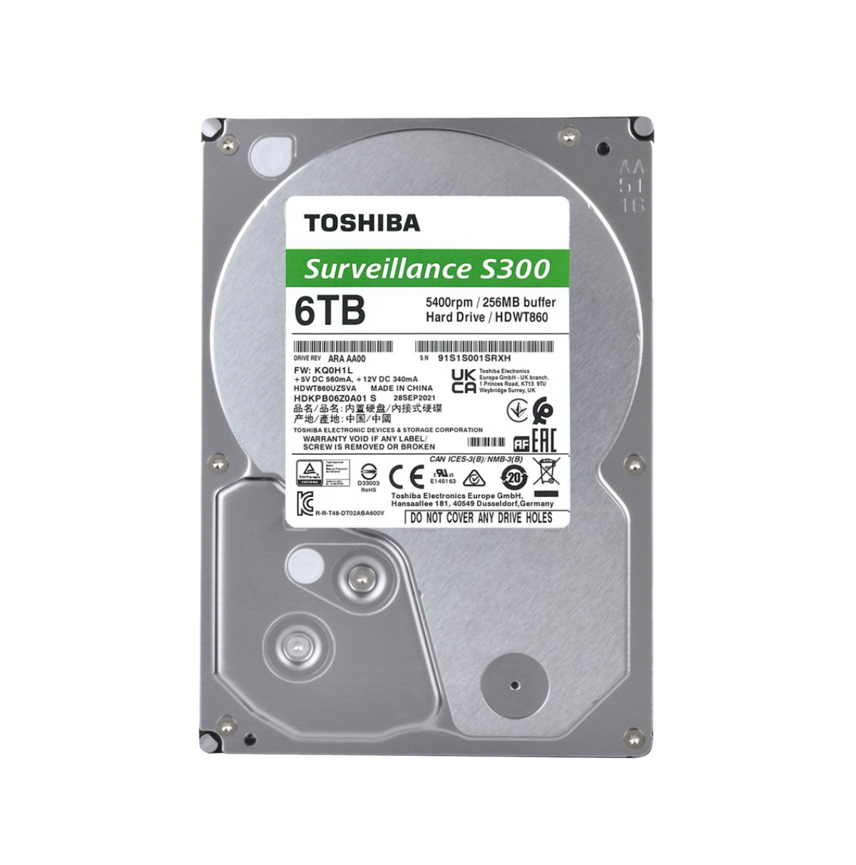 DISCO DURO INTERNO TOSHIBA S300 6TB 3.5" SATA 5400RPM CCTV 64CAM BULK (HDWT860UZSVA)