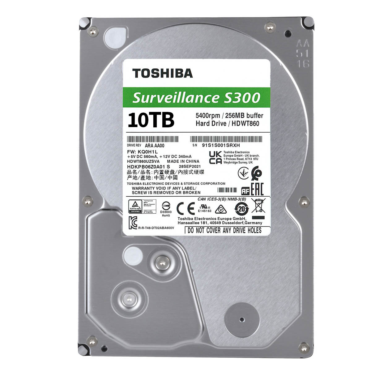 DISCO DURO INTERNO TOSHIBA S300 PRO 10TB 3.5” SATA 7200RPM CCTV 64CAM (HDWTA1AUZSVAR)