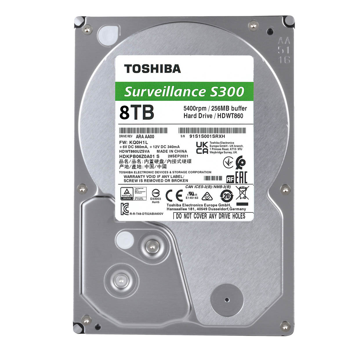 DISCO DURO INTERNO TOSHIBA S300 PRO 8TB 3.5” SATA 7200RPM CCTV 64CAM (HDWTA80UZSVAR)