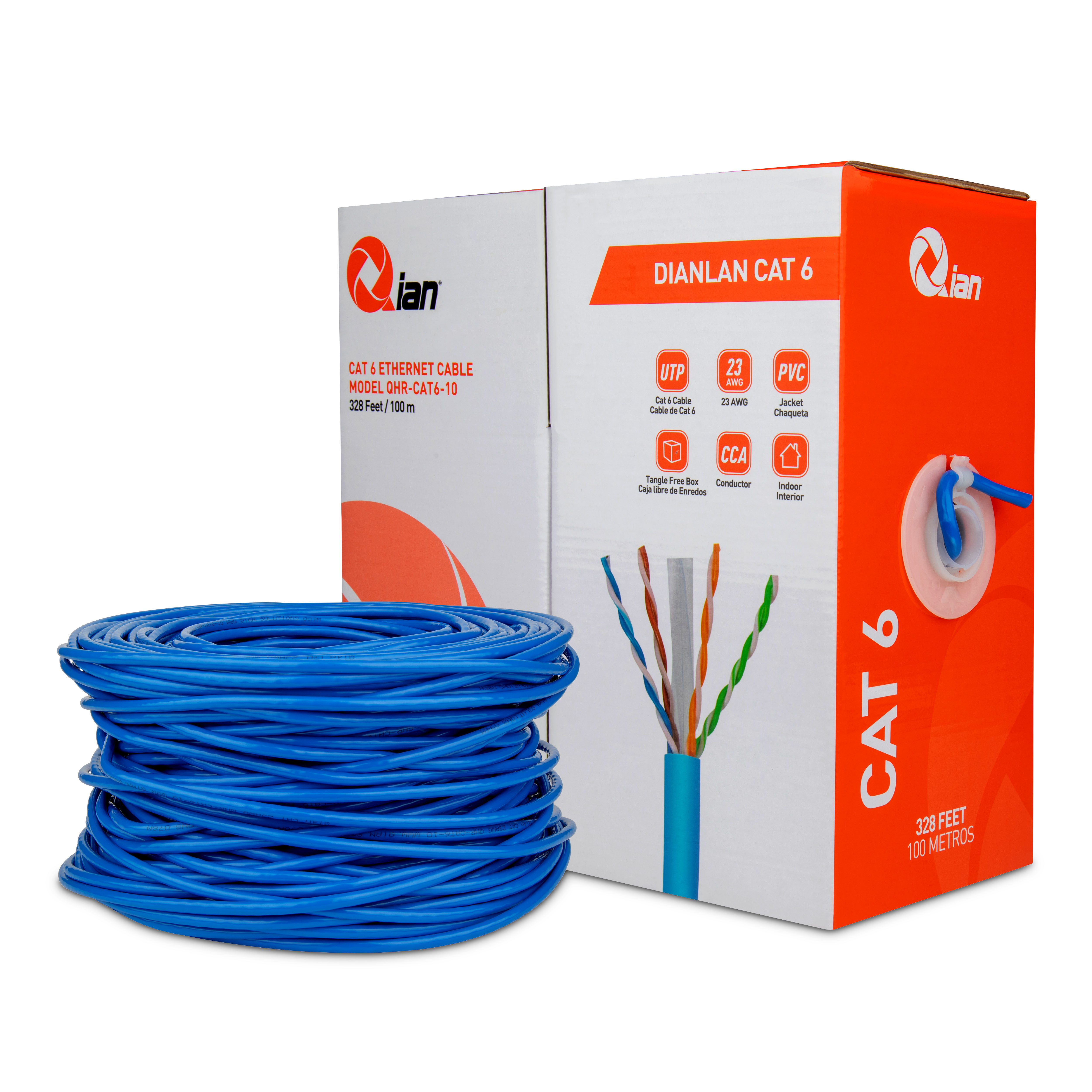 BOBINA QIAN 100MTS /UTP CAT6 / INTERIOR/ AZUL/ 23 AWG / QHR-CAT6-10