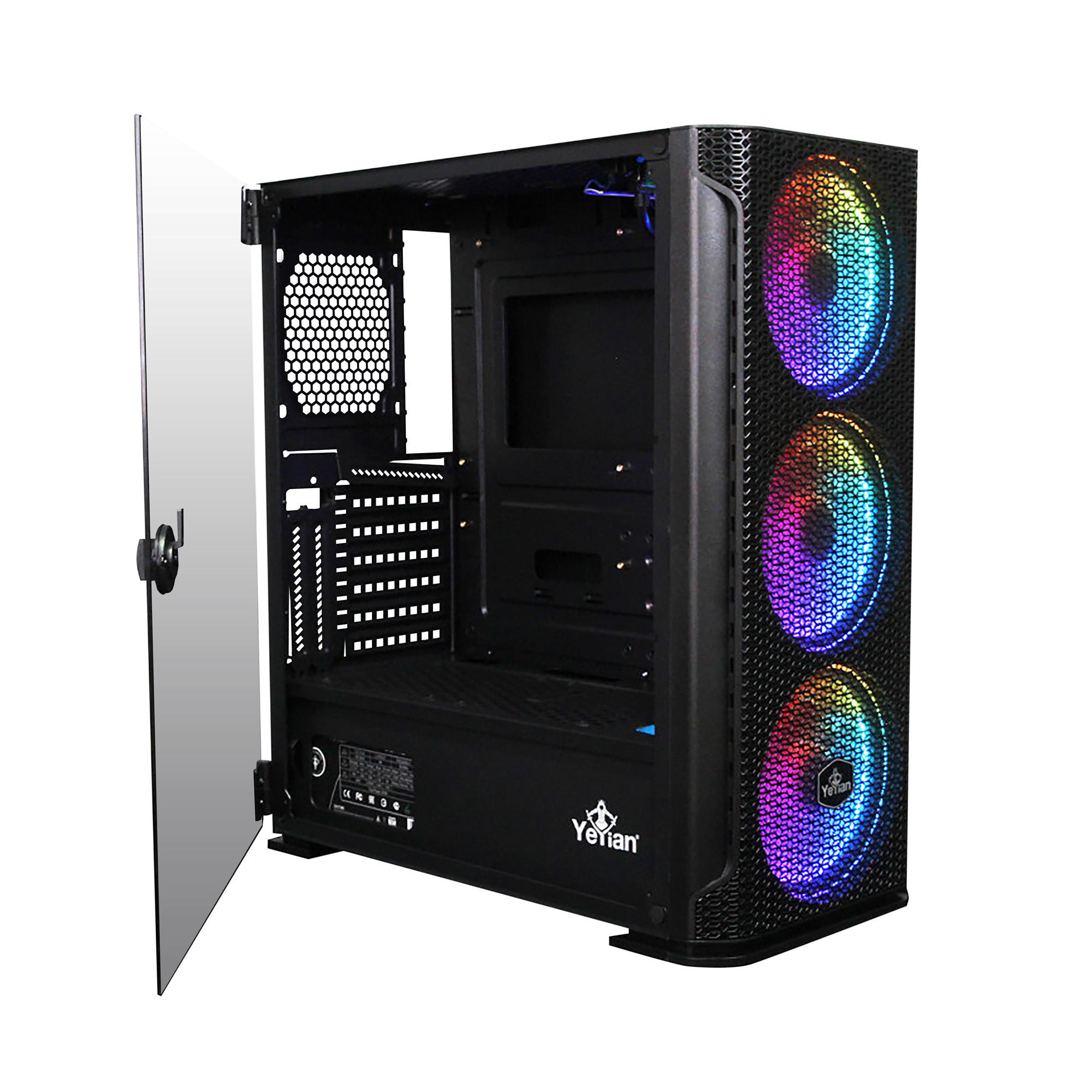 GABINETE YEYIAN YGH-49703 HOLLOW 2500 ATX,LAT CRISTAL TEMPLADO,MESH,3 VENT RGB,3 USB 3.0,SIN FTE, NEGRO